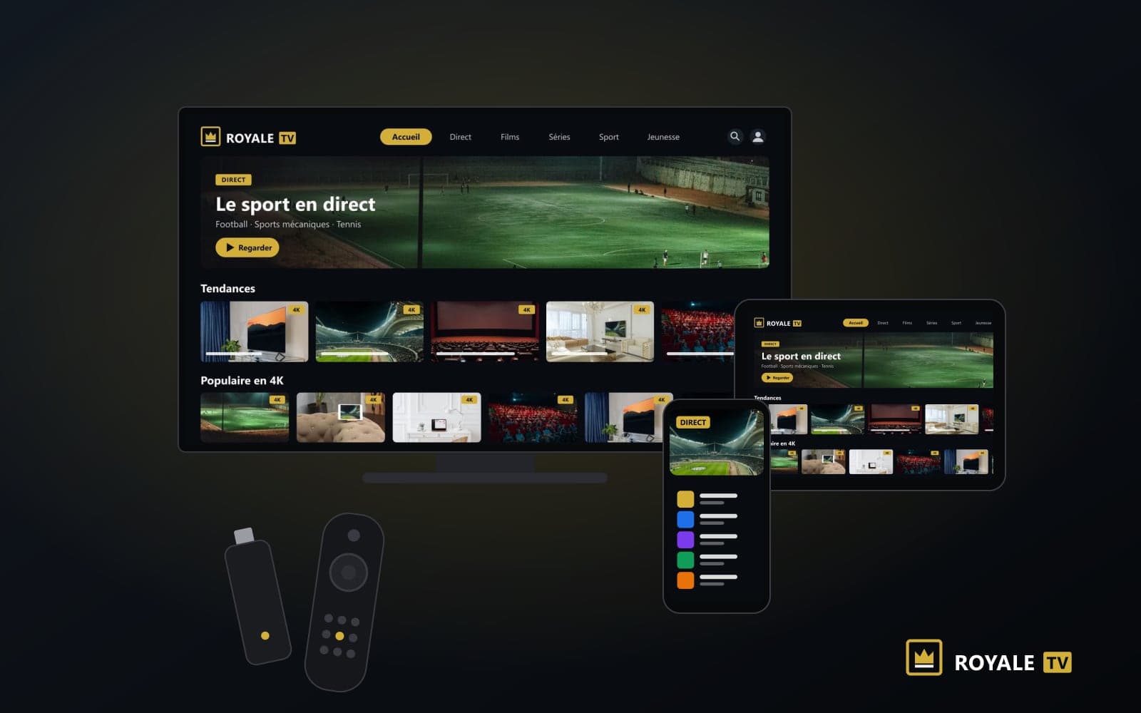 Illustration ROYALE TV : un téléviseur, une tablette, un smartphone, une clé de streaming et une télécommande