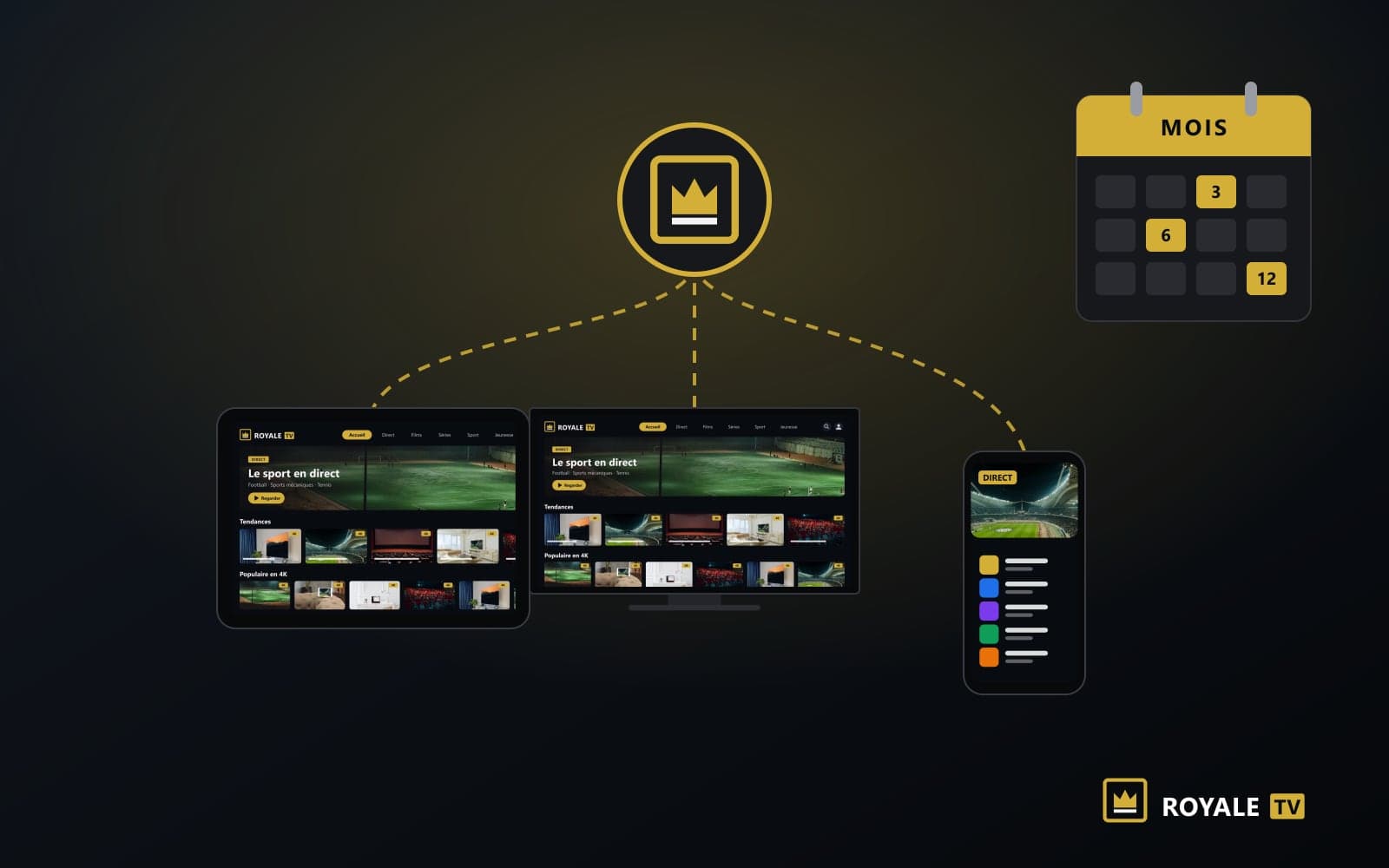 Illustration ROYALE TV : un abonnement relié à une tablette, un téléviseur et un smartphone, avec un calendrier 3, 6 et 12 mois