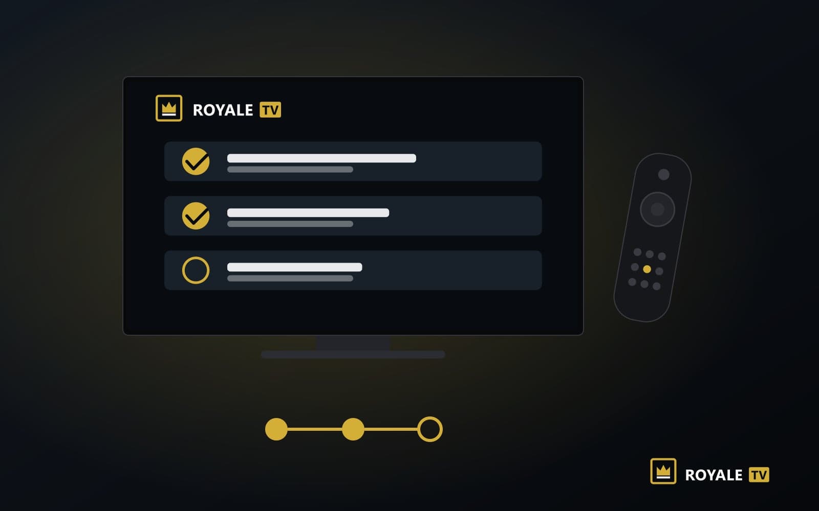 Illustration ROYALE TV : un téléviseur affichant une liste d’étapes d’installation cochées, et une télécommande